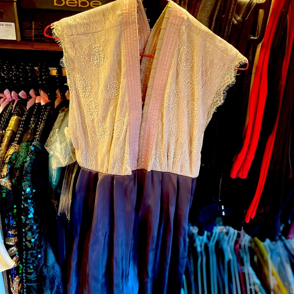 Unique style-blush & cream lace top, steel grey skirt.Hook & eye detail